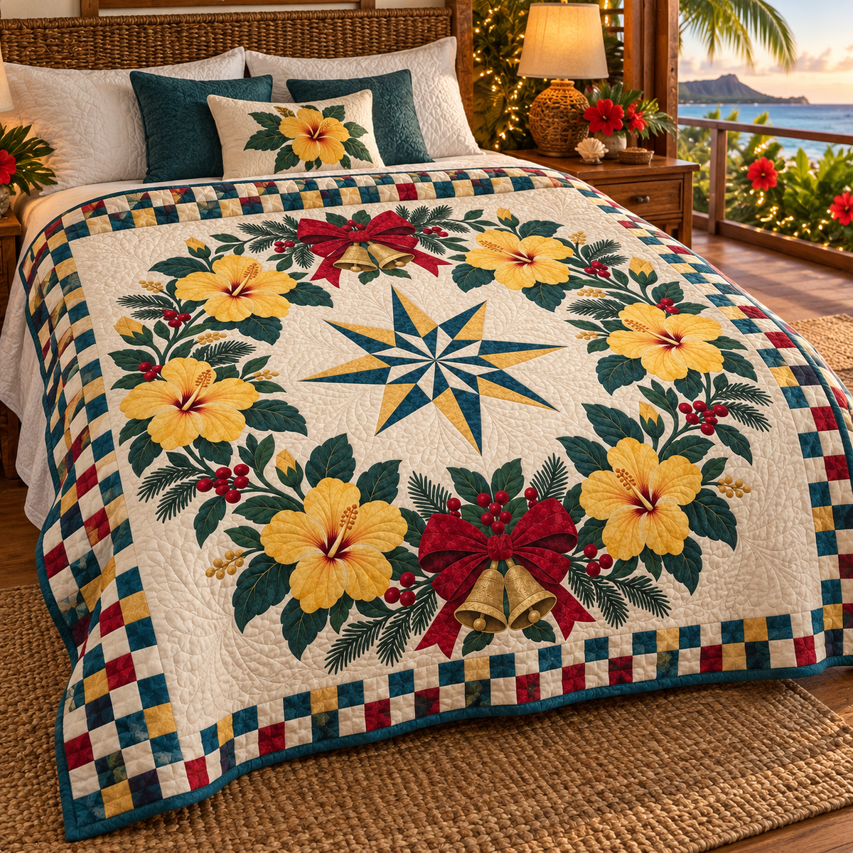 Yellow Hibiscus Halo Christmas Wreath TD271026052 Quilt Blanket — bed mockup
