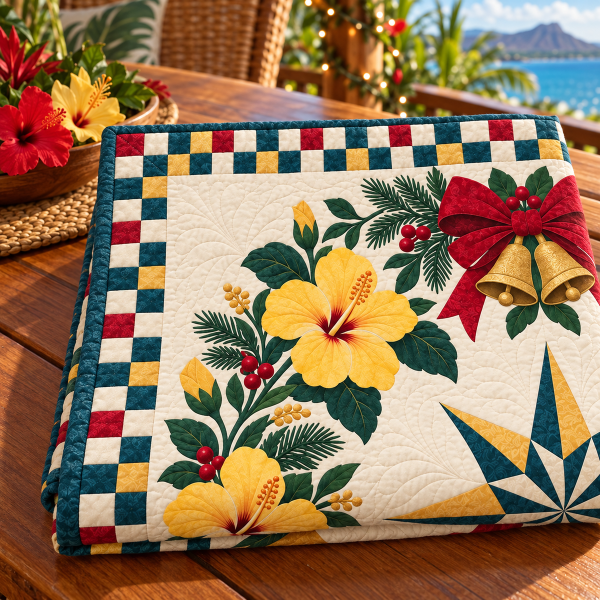 Yellow Hibiscus Halo Christmas Wreath TD271026052 Quilt Blanket — folded mockup