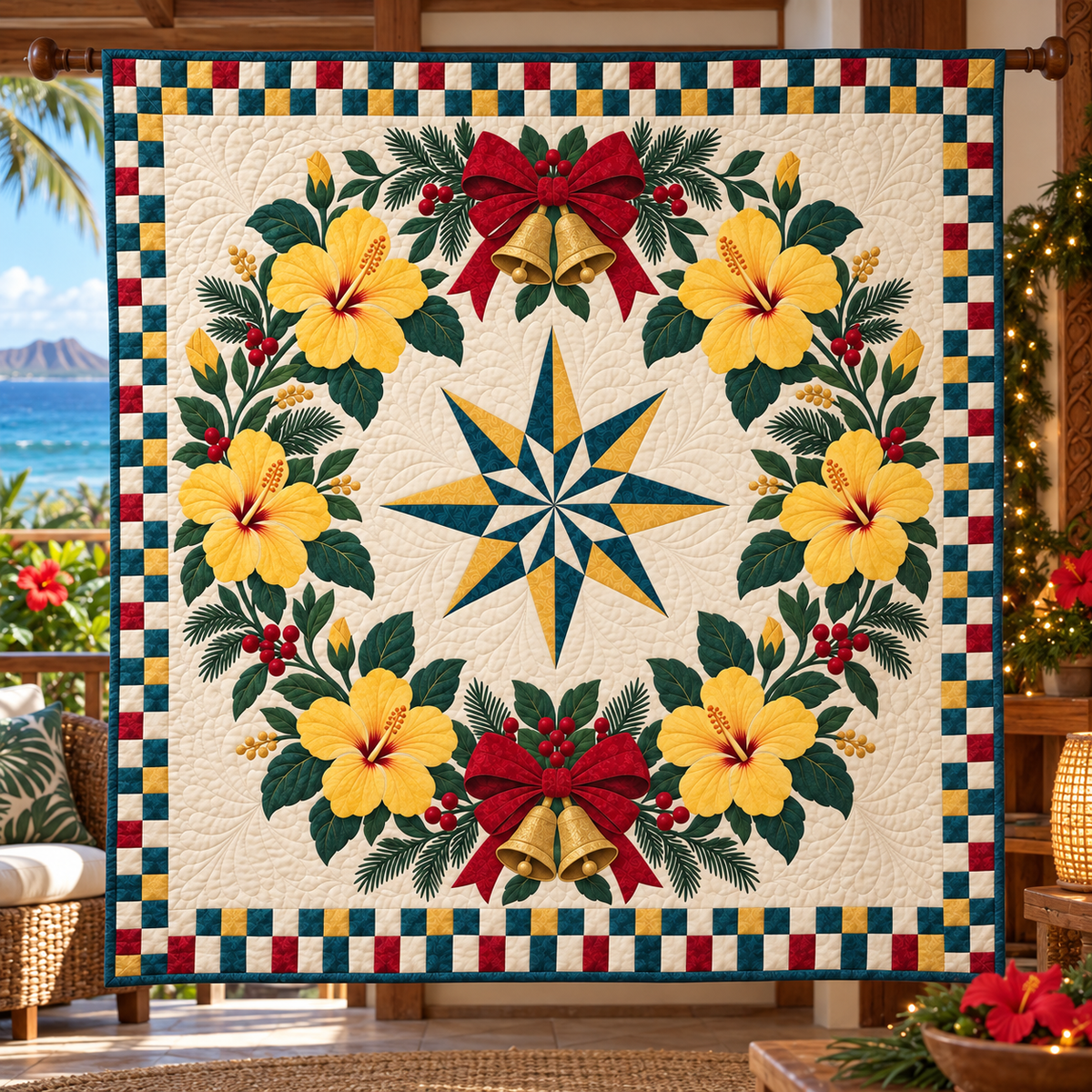 Yellow Hibiscus Halo Christmas Wreath TD271026052 Quilt Blanket — hanging mockup