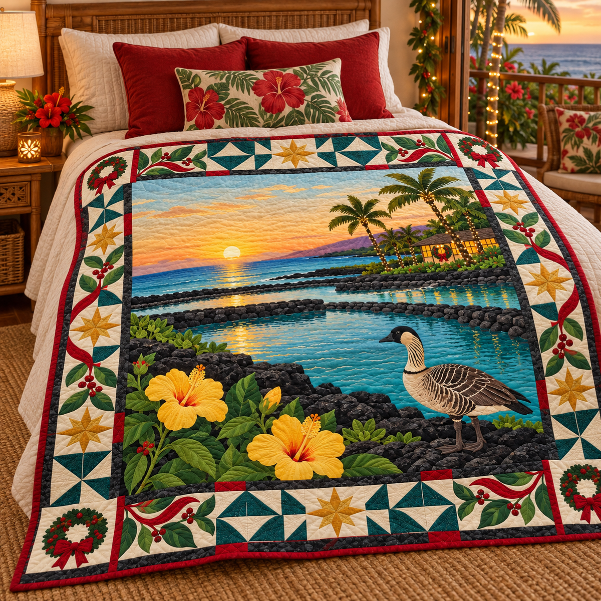 Lava Coast Waterways Christmas Homecoming TD271026054 Quilt Blanket — bed mockup