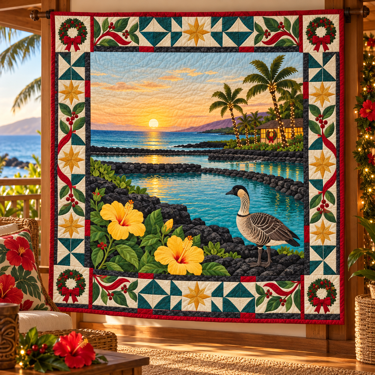 Lava Coast Waterways Christmas Homecoming TD271026054 Quilt Blanket — hanging mockup
