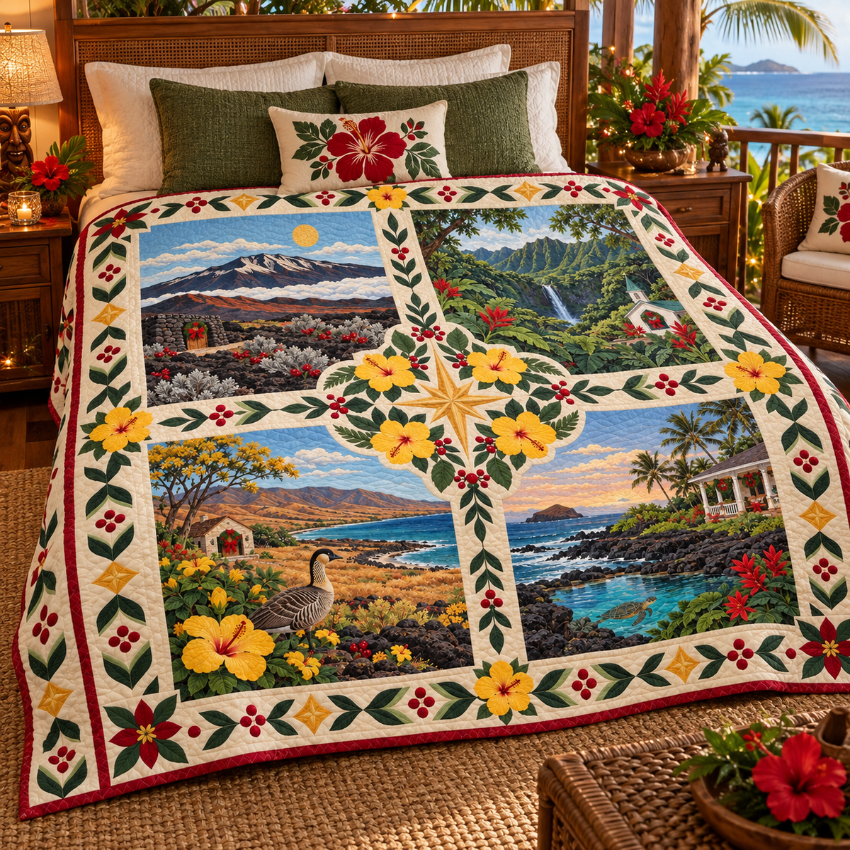 Hawaii Christmas Windows TD271026055 Quilt Blanket — bed mockup
