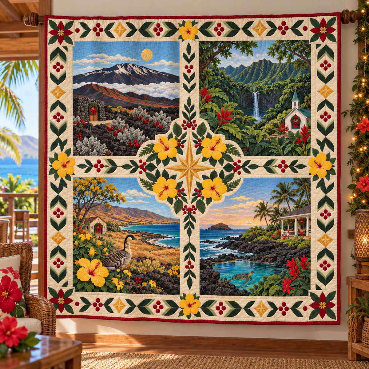 Hawaii Christmas Windows TD271026055 Quilt Blanket — hanging mockup