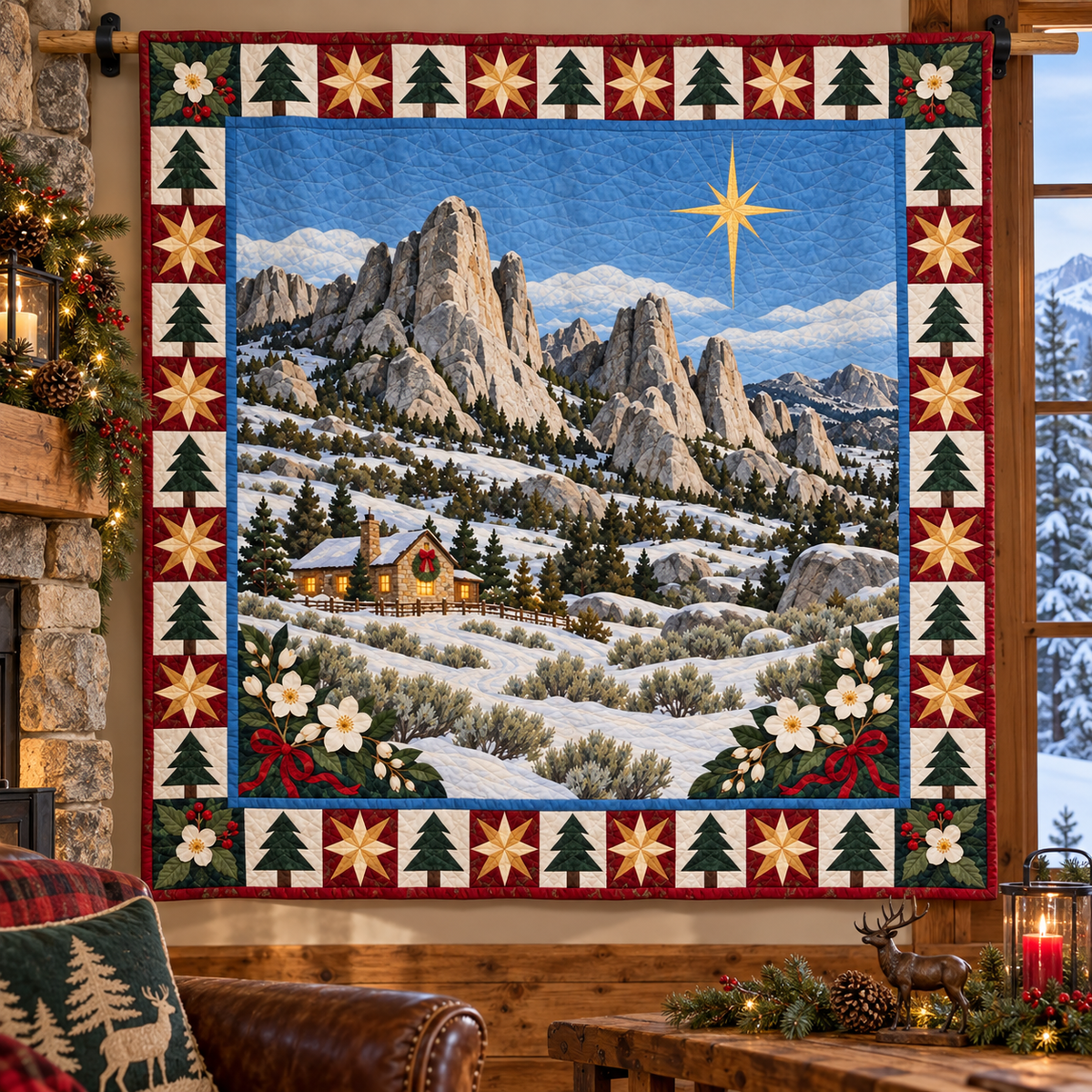 Syringa Stone Spires Christmas Eve TD271026056 Quilt Blanket — hanging mockup