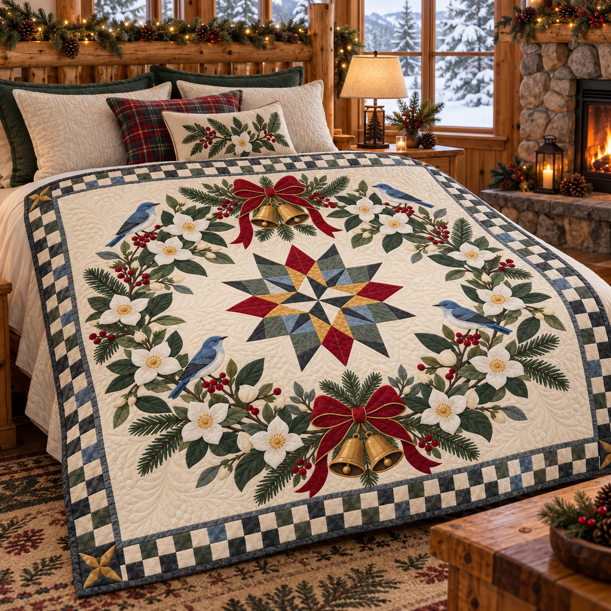 Syringa Christmas Wreath TD271026057 Quilt Blanket — bed mockup