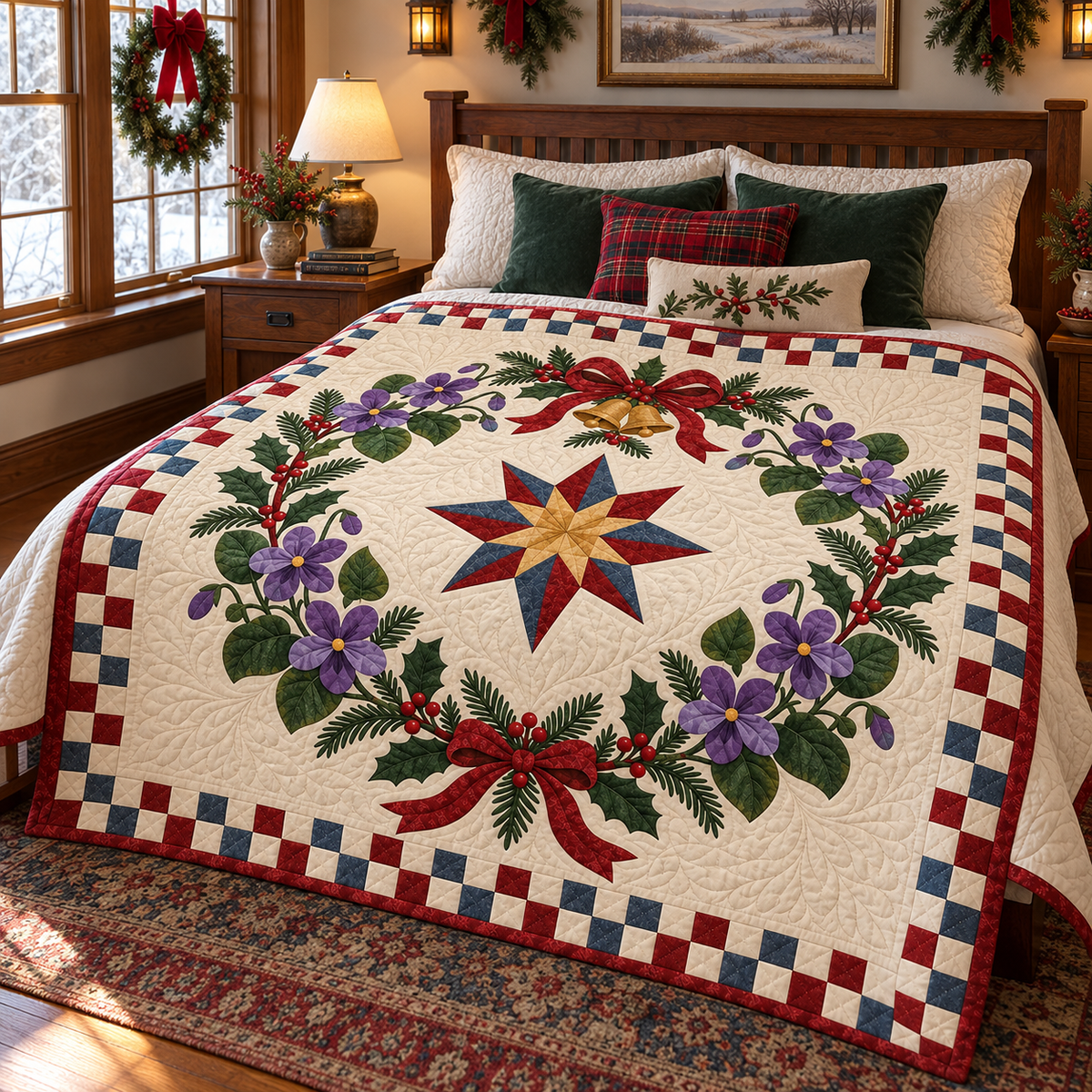 Violet Christmas Wreath TD271026062 Quilt Blanket — bed mockup