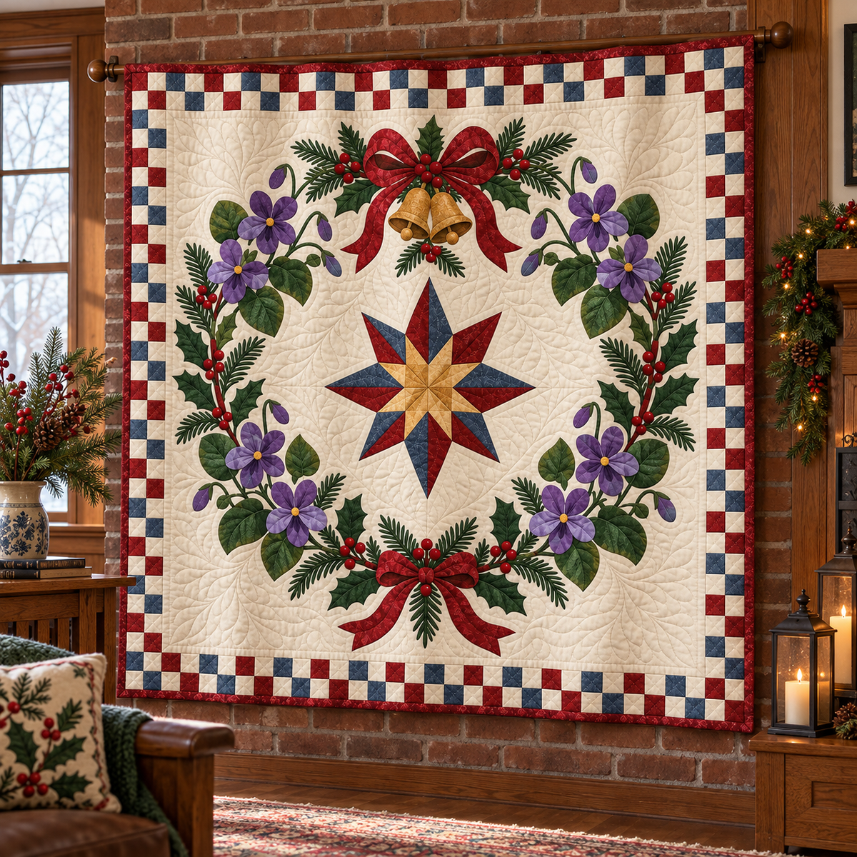 Violet Christmas Wreath TD271026062 Quilt Blanket — hanging mockup