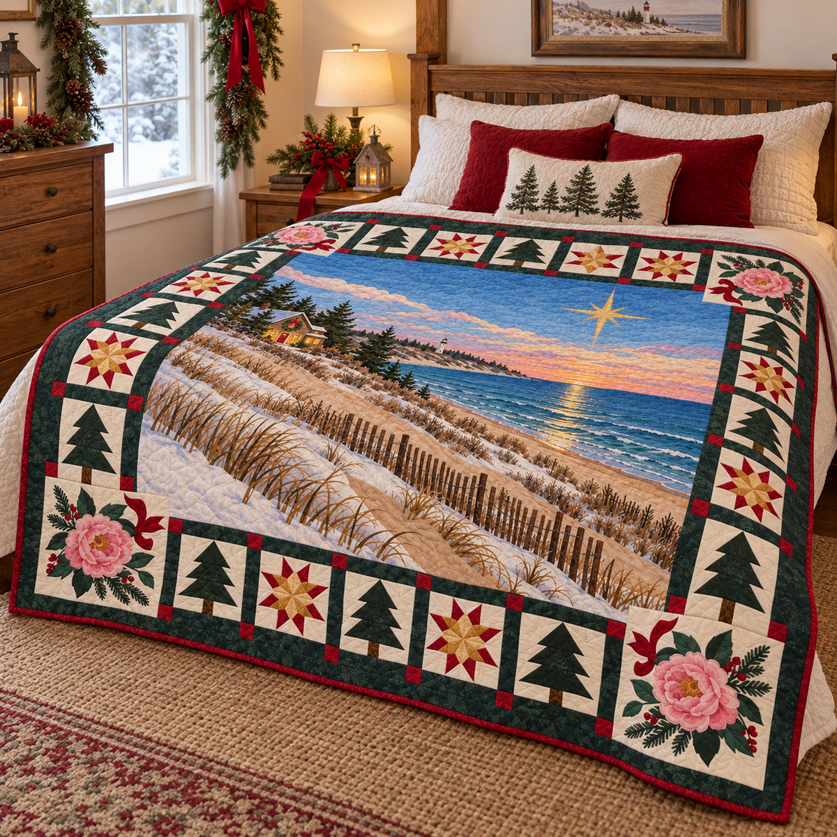 Dunes and Peonies Christmas Eve TD271026066 Quilt Blanket — bed mockup