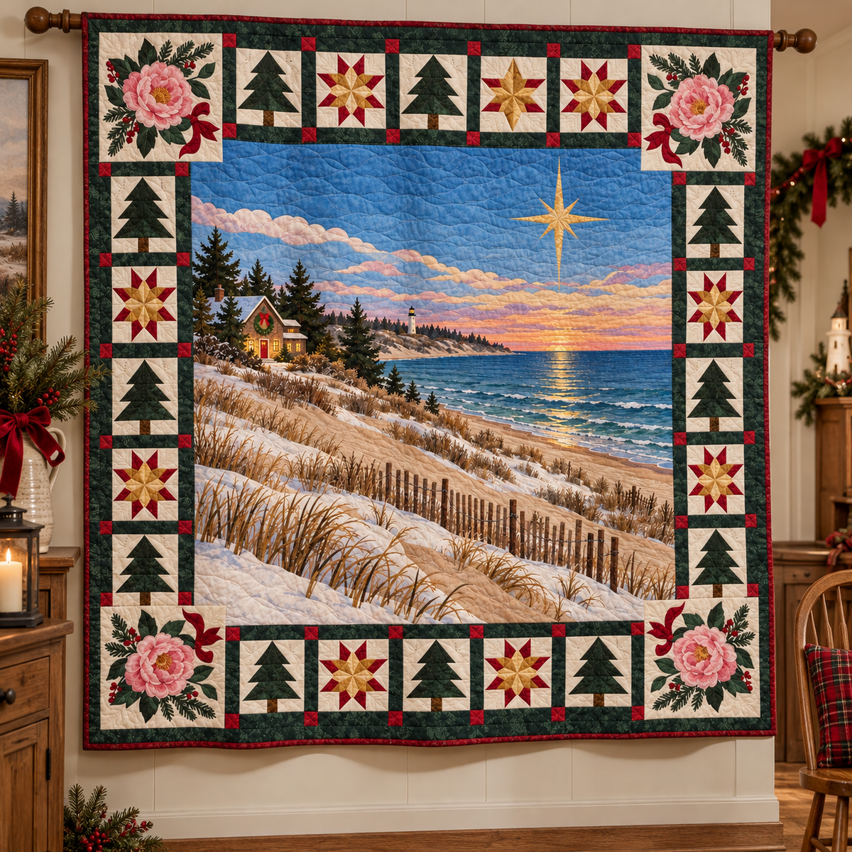 Dunes and Peonies Christmas Eve TD271026066 Quilt Blanket — hanging mockup