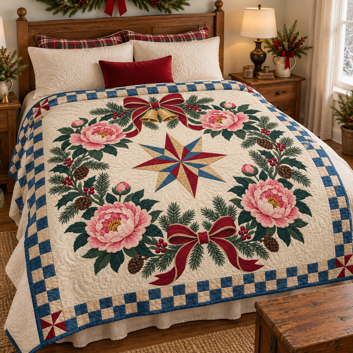 Peony Christmas Wreath TD271026067 Quilt Blanket — bed mockup