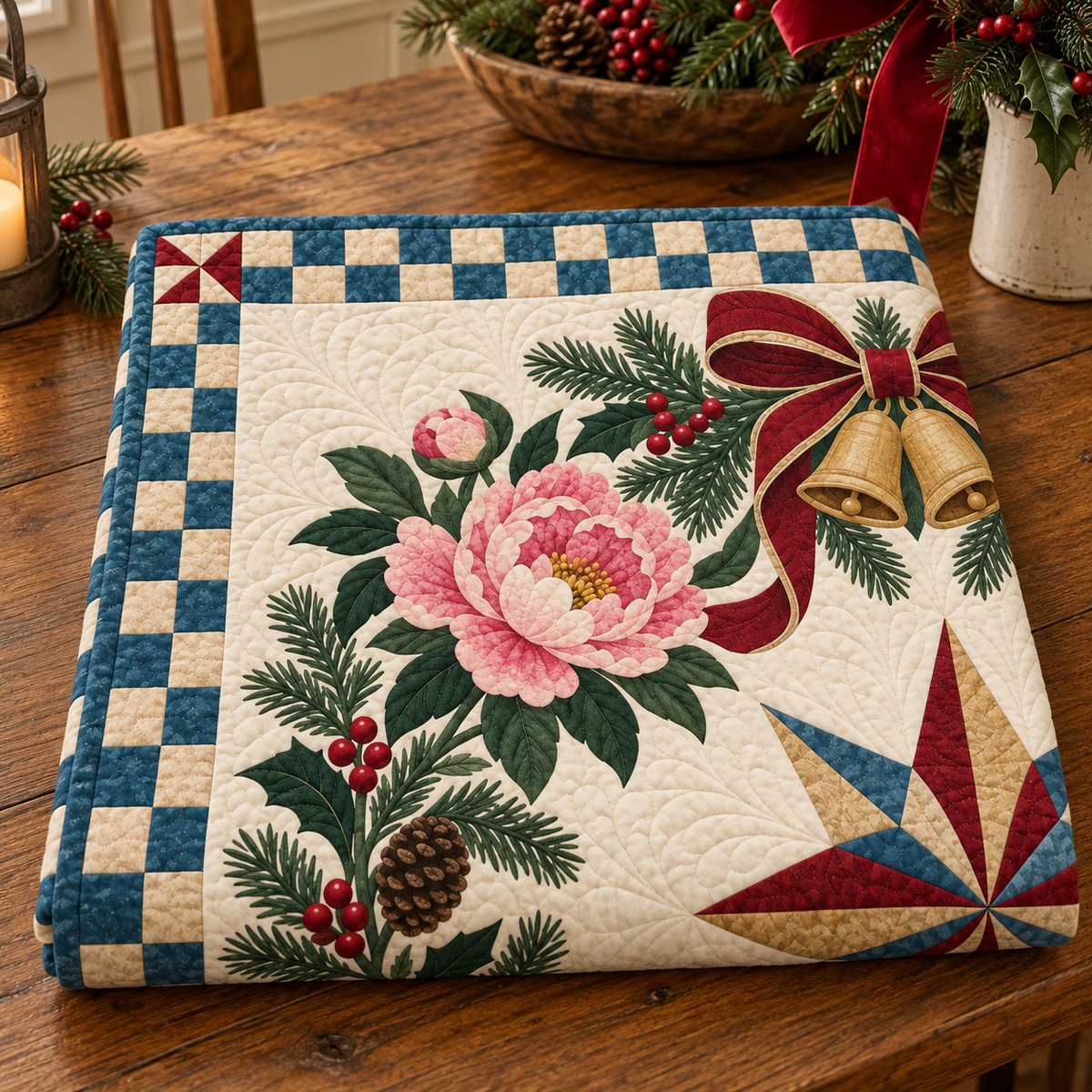 Peony Christmas Wreath TD271026067 Quilt Blanket — folded mockup
