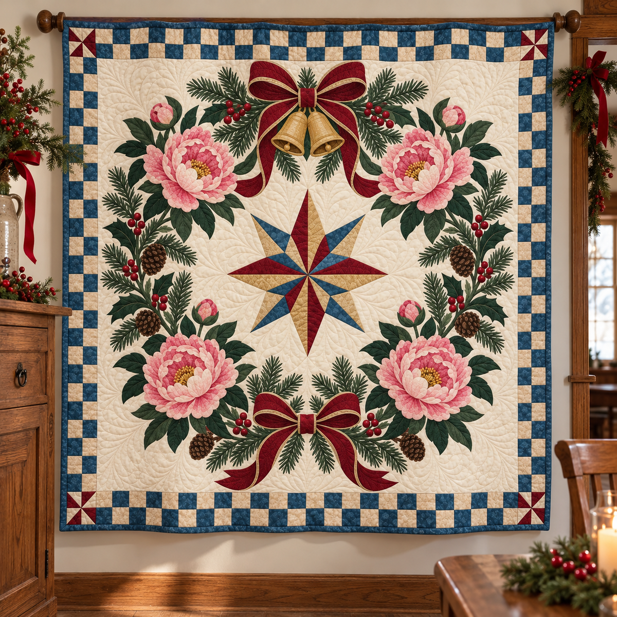 Peony Christmas Wreath TD271026067 Quilt Blanket — hanging mockup