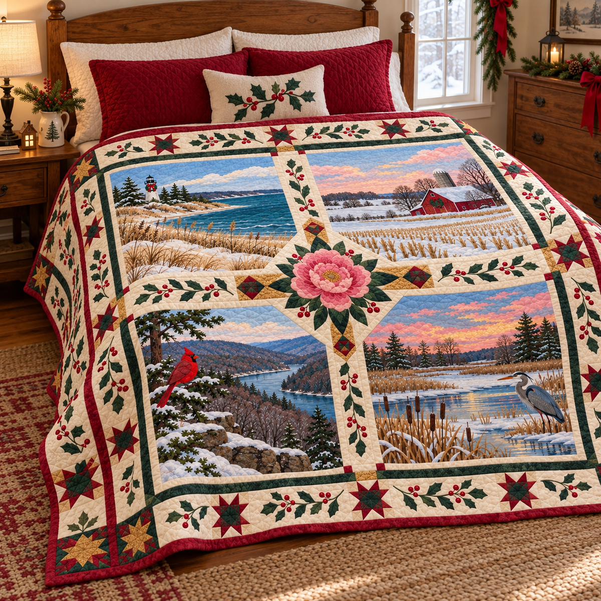 Indiana Christmas Windows TD271026070 Quilt Blanket — bed mockup