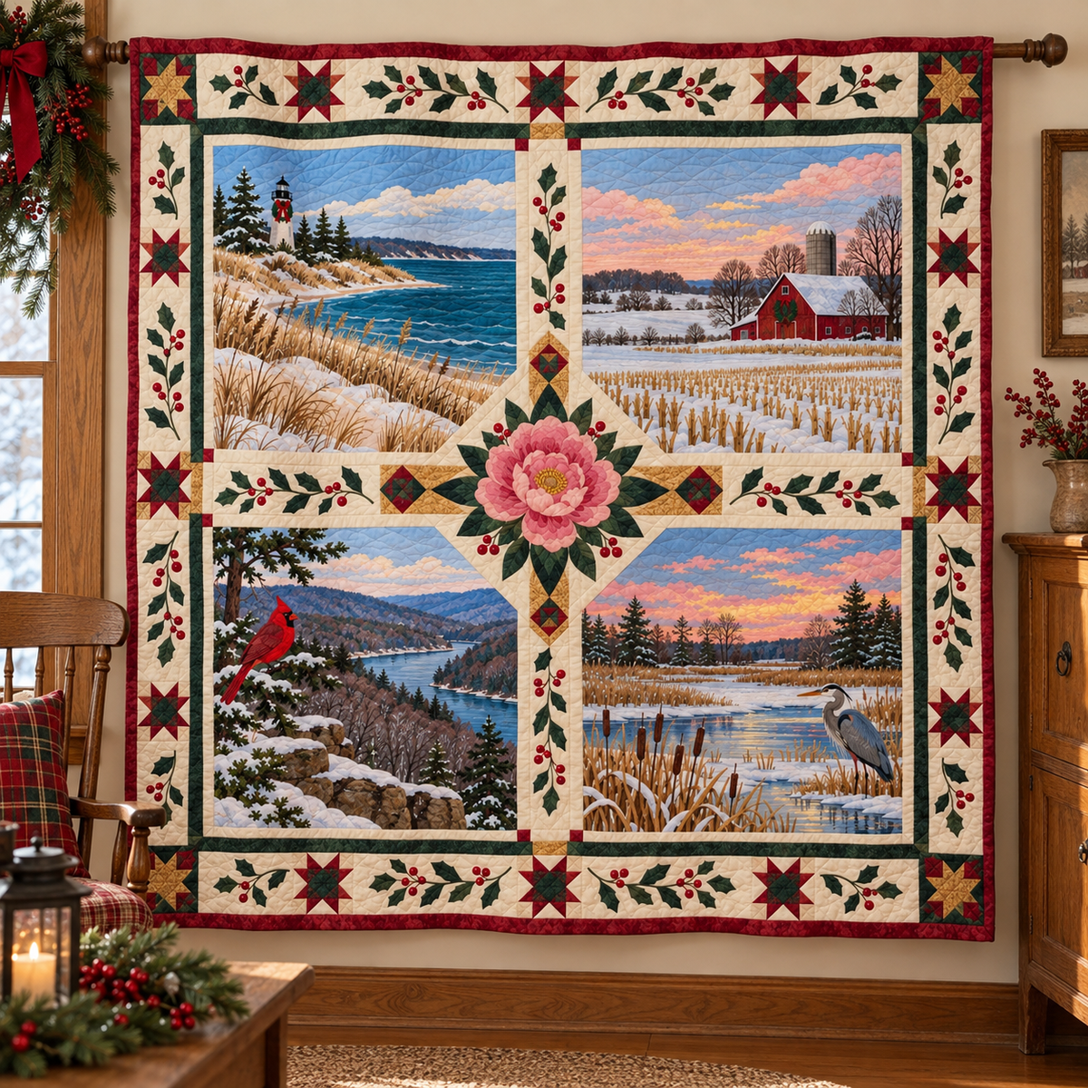 Indiana Christmas Windows TD271026070 Quilt Blanket — hanging mockup