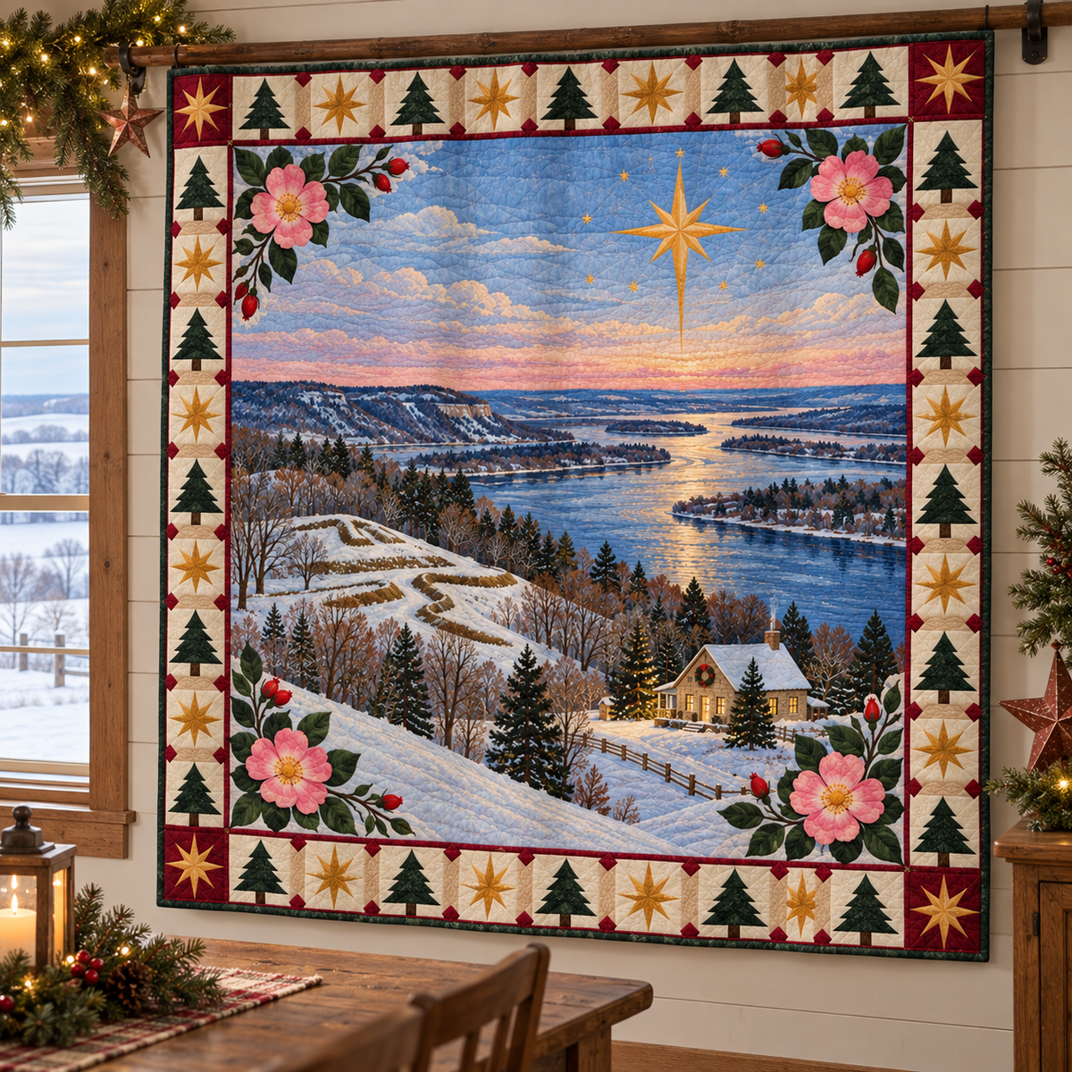 River Valley Wild Rose Christmas Eve TD271026071 Quilt Blanket — hanging mockup