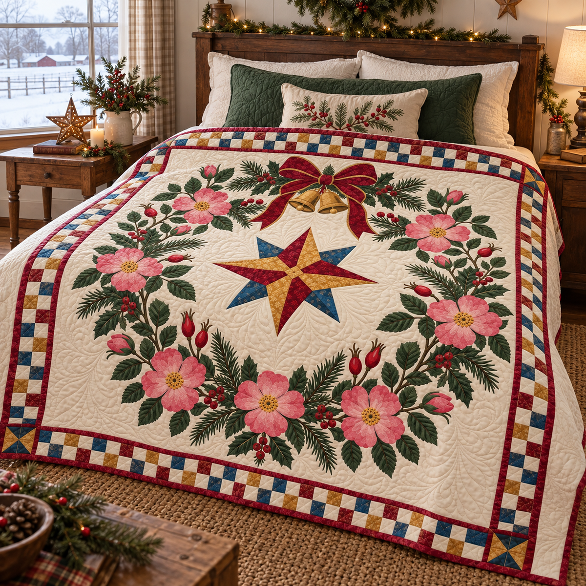 Wild rose Christmas Wreath TD271026072 Quilt Blanket — bed mockup