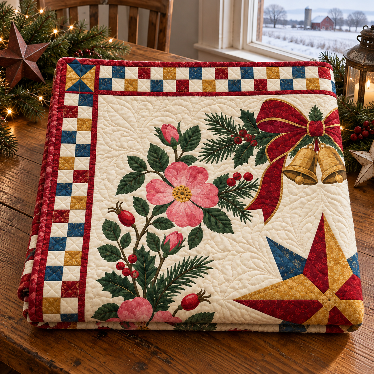 Wild rose Christmas Wreath TD271026072 Quilt Blanket — folded mockup