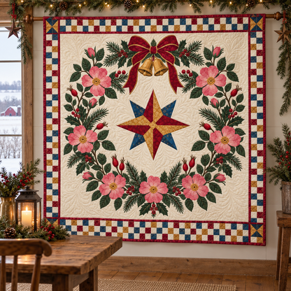 Wild rose Christmas Wreath TD271026072 Quilt Blanket — hanging mockup
