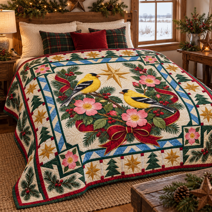 Goldfinch and Wild Rose Christmas Star TD271026073 Quilt Blanket — bed mockup