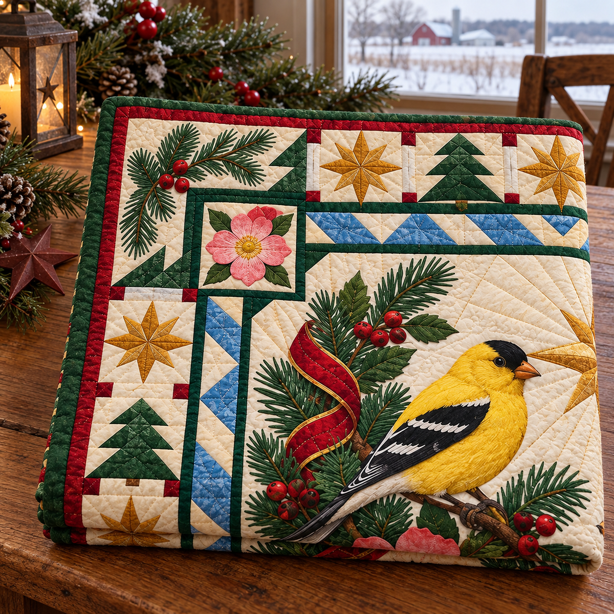 Goldfinch and Wild Rose Christmas Star TD271026073 Quilt Blanket — folded mockup