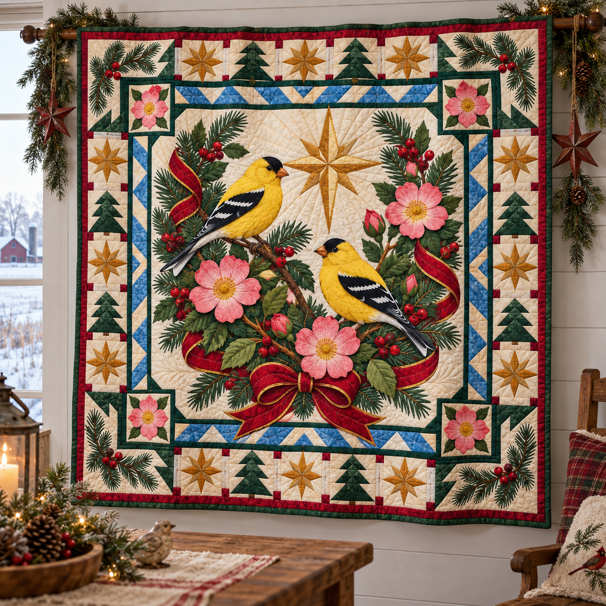 Goldfinch and Wild Rose Christmas Star TD271026073 Quilt Blanket — hanging mockup