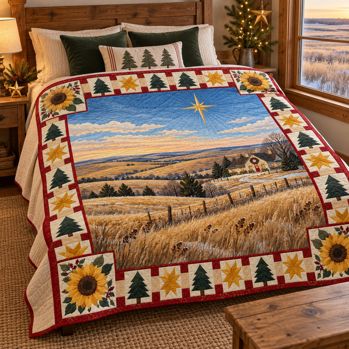 Flint Hills Sunflower Christmas Eve TD271026076 Quilt Blanket — bed mockup