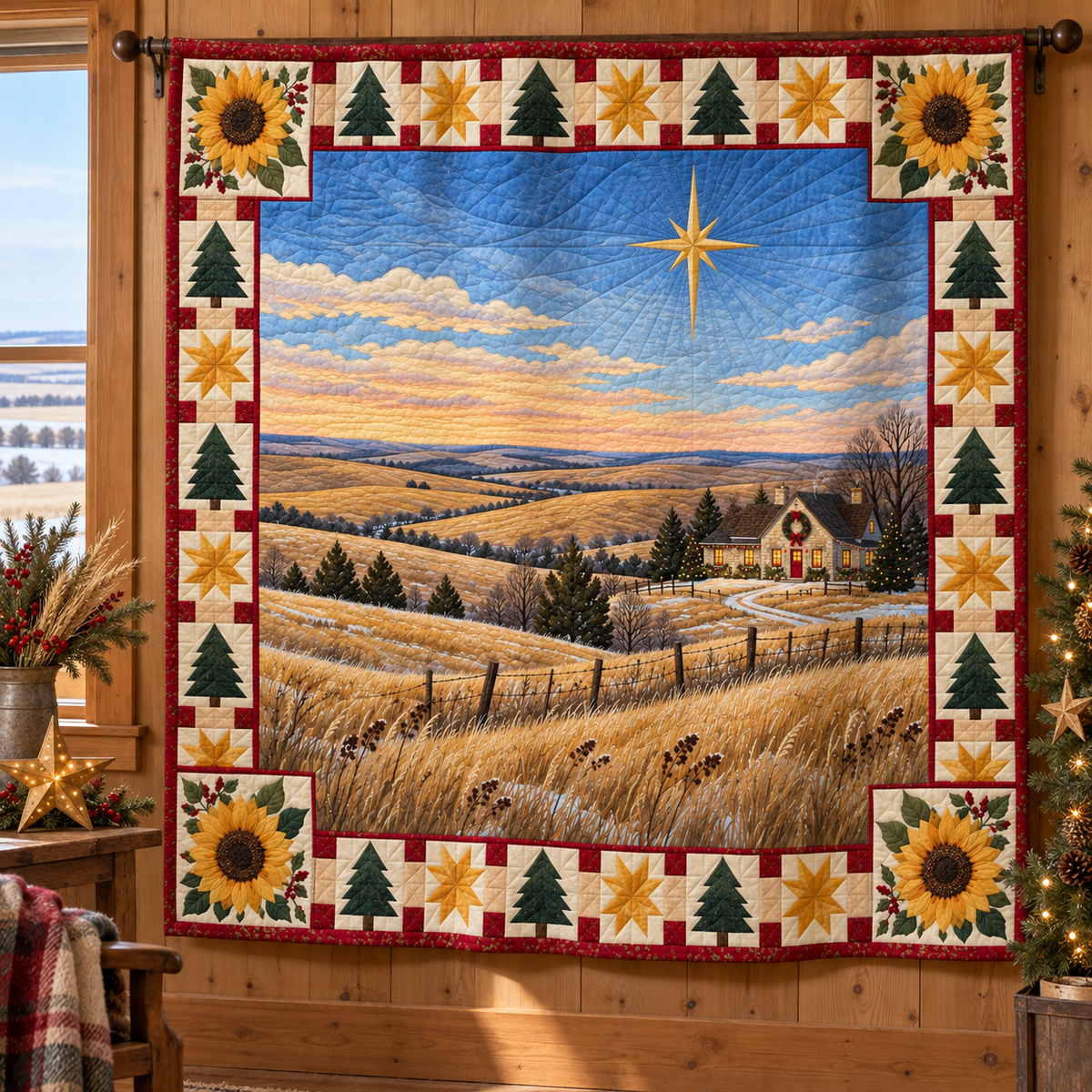 Flint Hills Sunflower Christmas Eve TD271026076 Quilt Blanket — hanging mockup