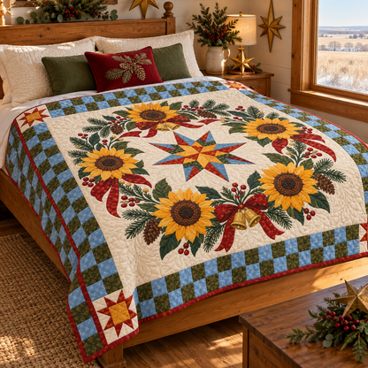Sunflower Christmas Wreath TD271026077 Quilt Blanket — bed mockup