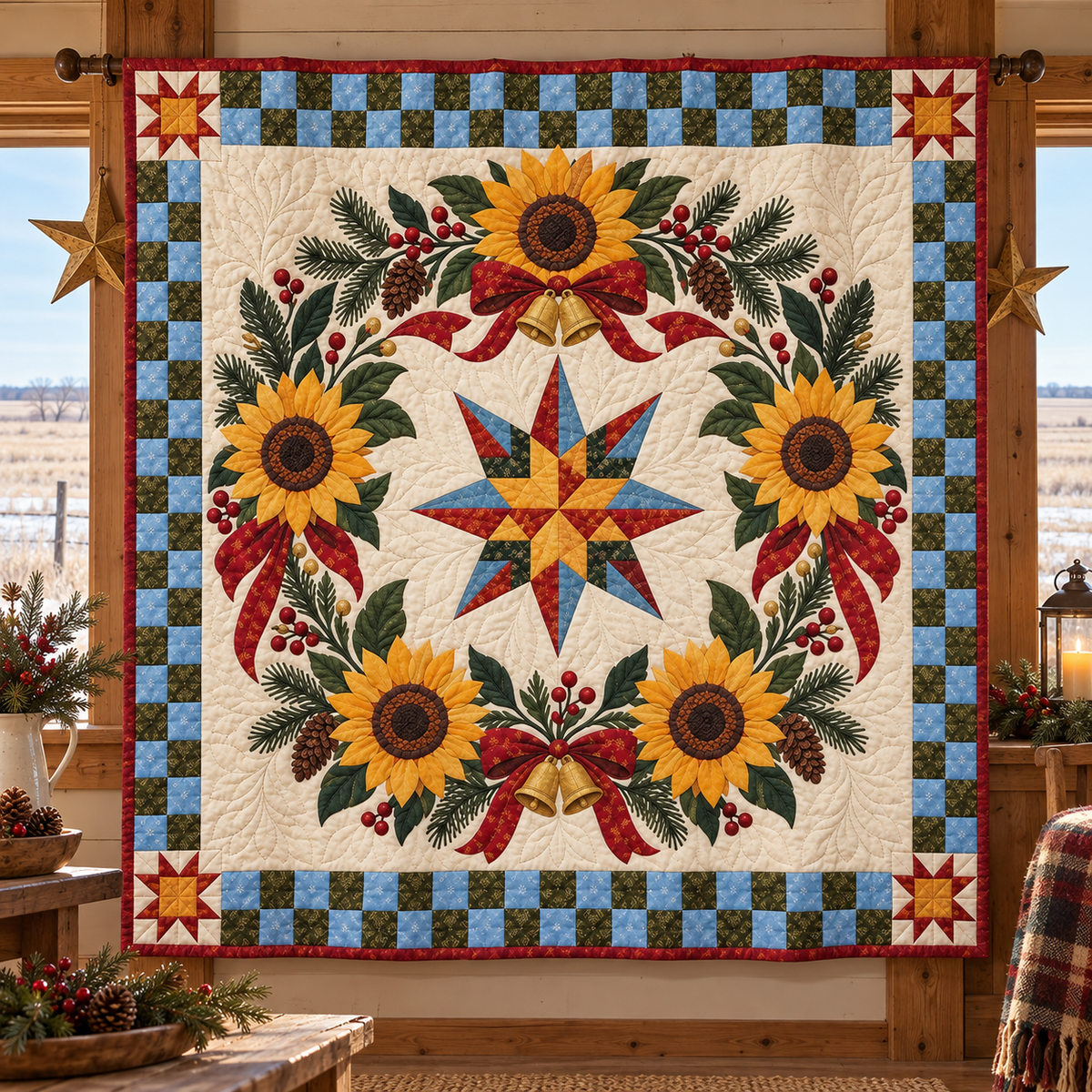 Sunflower Christmas Wreath TD271026077 Quilt Blanket — hanging mockup