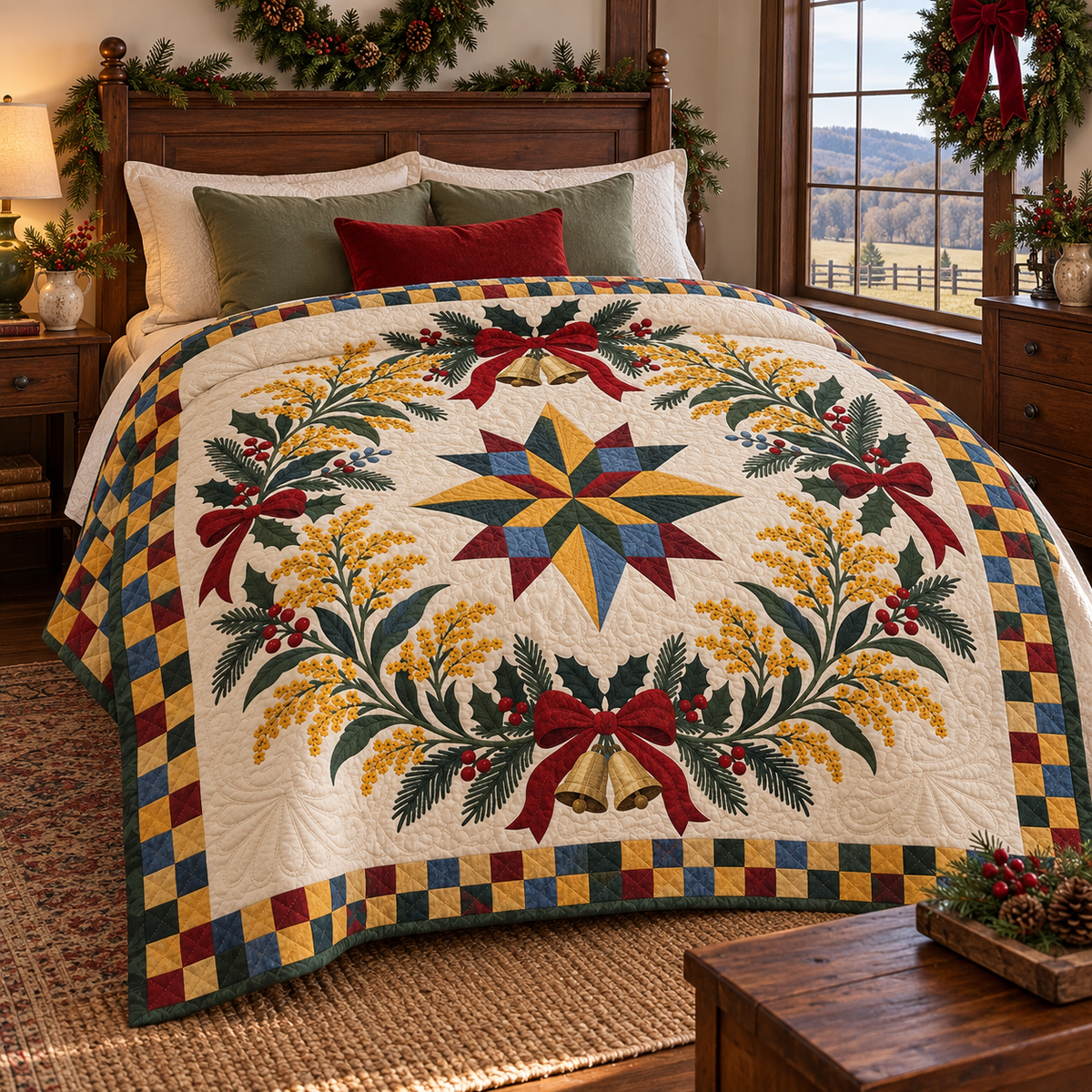 Goldenrod Christmas Wreath TD271026082 Quilt Blanket — bed mockup