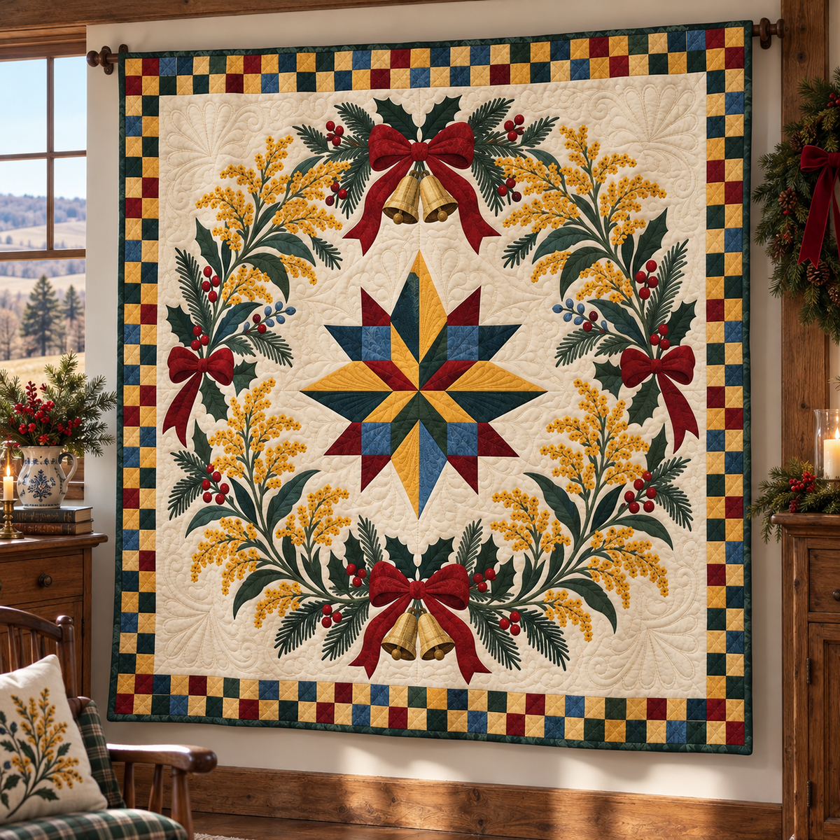 Goldenrod Christmas Wreath TD271026082 Quilt Blanket — hanging mockup