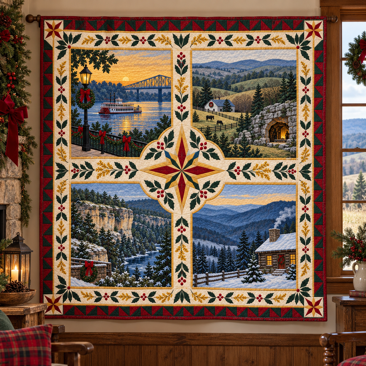 Kentucky Christmas Windows TD271026085 Quilt Blanket — hanging mockup
