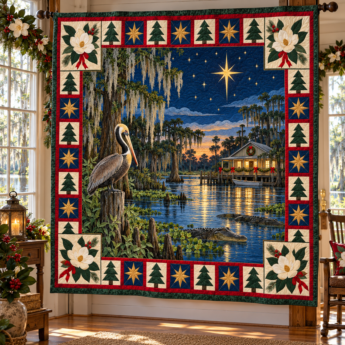 Bayou Magnolia Christmas Eve TD271026086 Quilt Blanket — hanging mockup