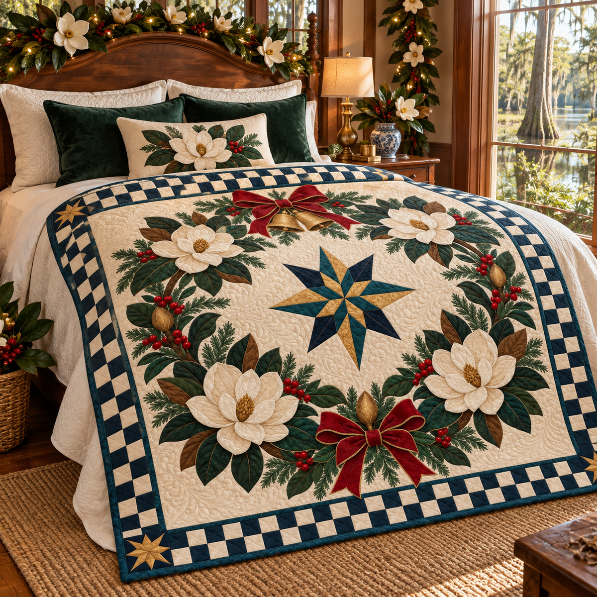 Southern magnolia Christmas Wreath TD271026087 Quilt Blanket — bed mockup