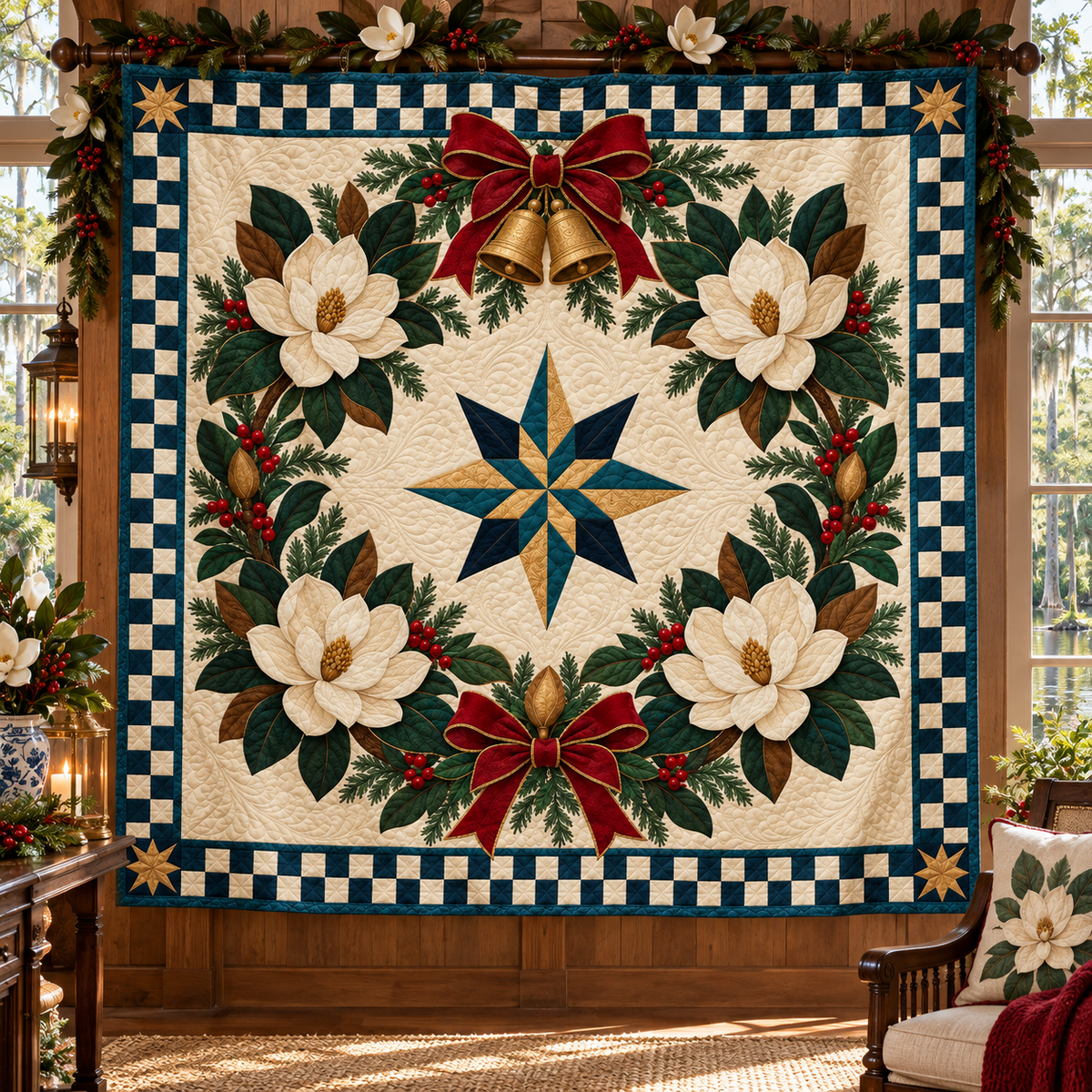 Southern magnolia Christmas Wreath TD271026087 Quilt Blanket — hanging mockup