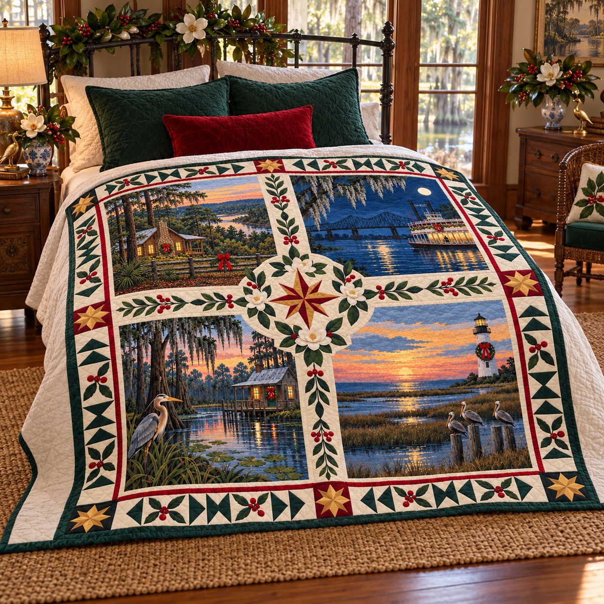 Louisiana Christmas Windows TD271026090 Quilt Blanket — bed mockup