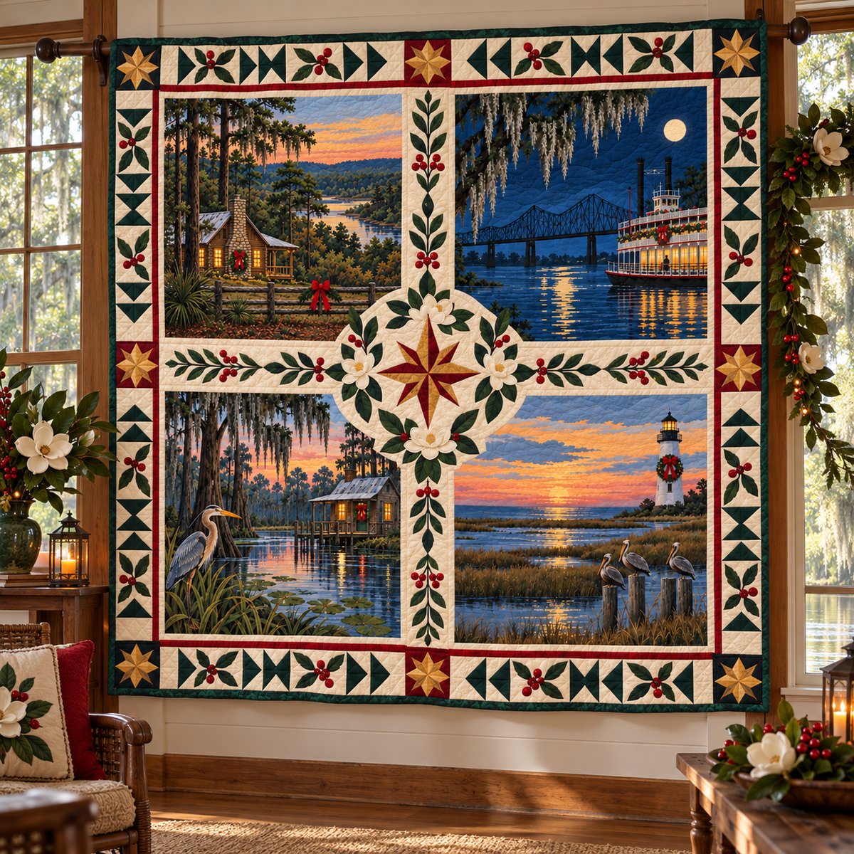 Louisiana Christmas Windows TD271026090 Quilt Blanket — hanging mockup