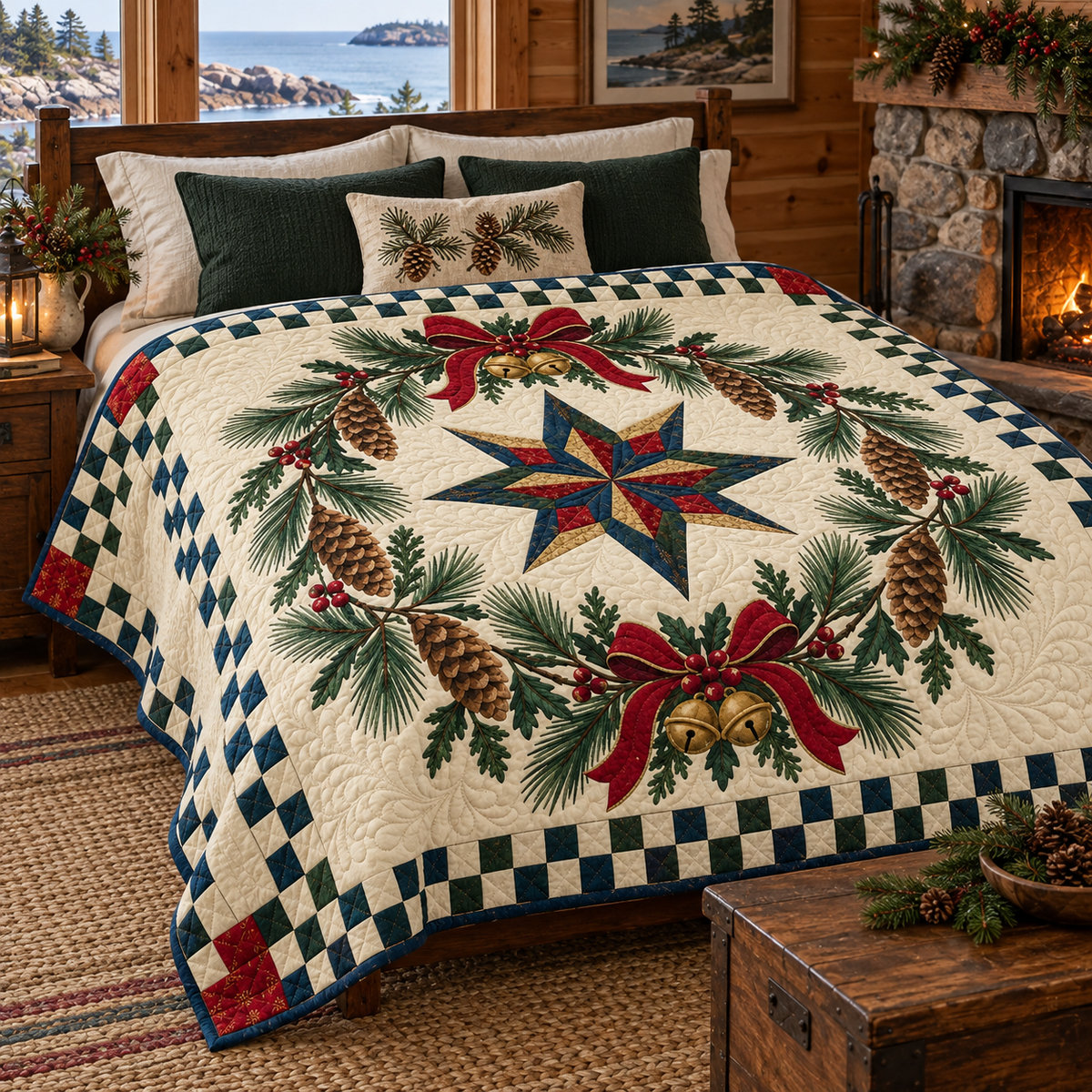 Pine Tassel Medallion Christmas Wreath TD271026092 Quilt Blanket — bed mockup