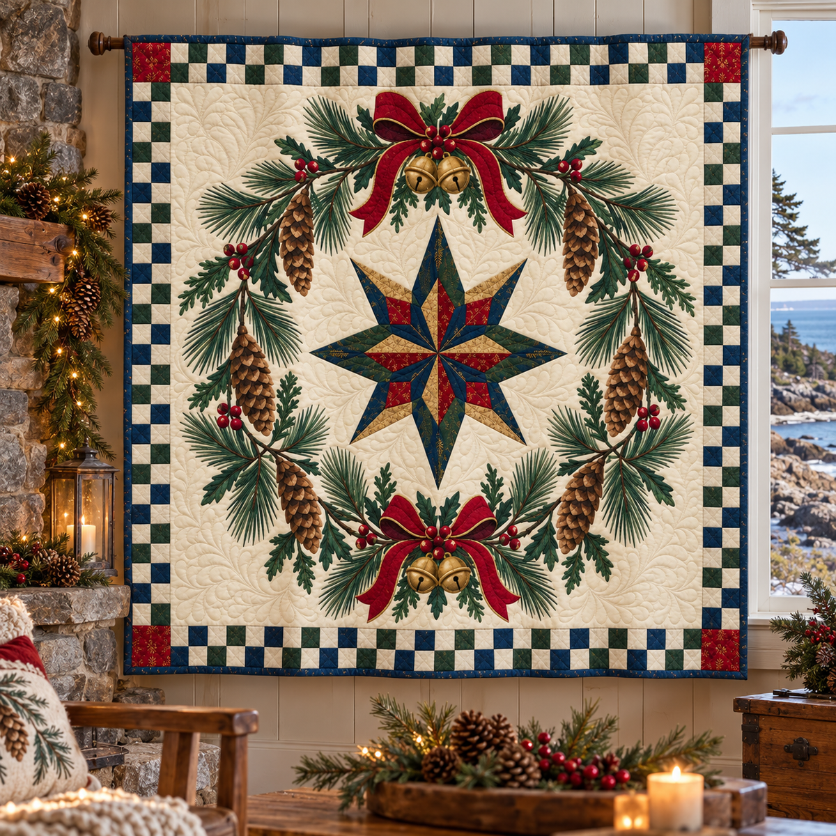 Pine Tassel Medallion Christmas Wreath TD271026092 Quilt Blanket — hanging mockup