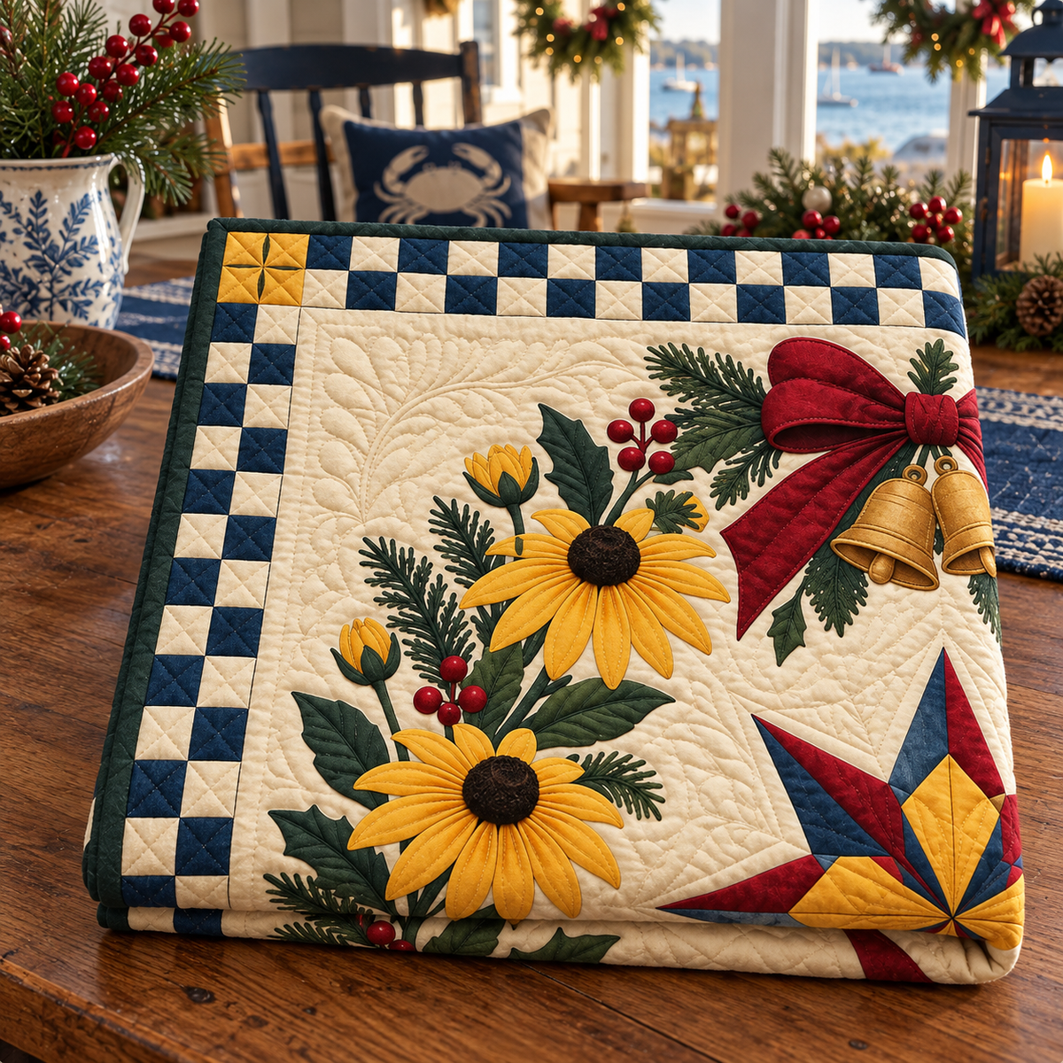 Black-eyed Susan Christmas Wreath TD271026097 Quilt Blanket — folded mockup