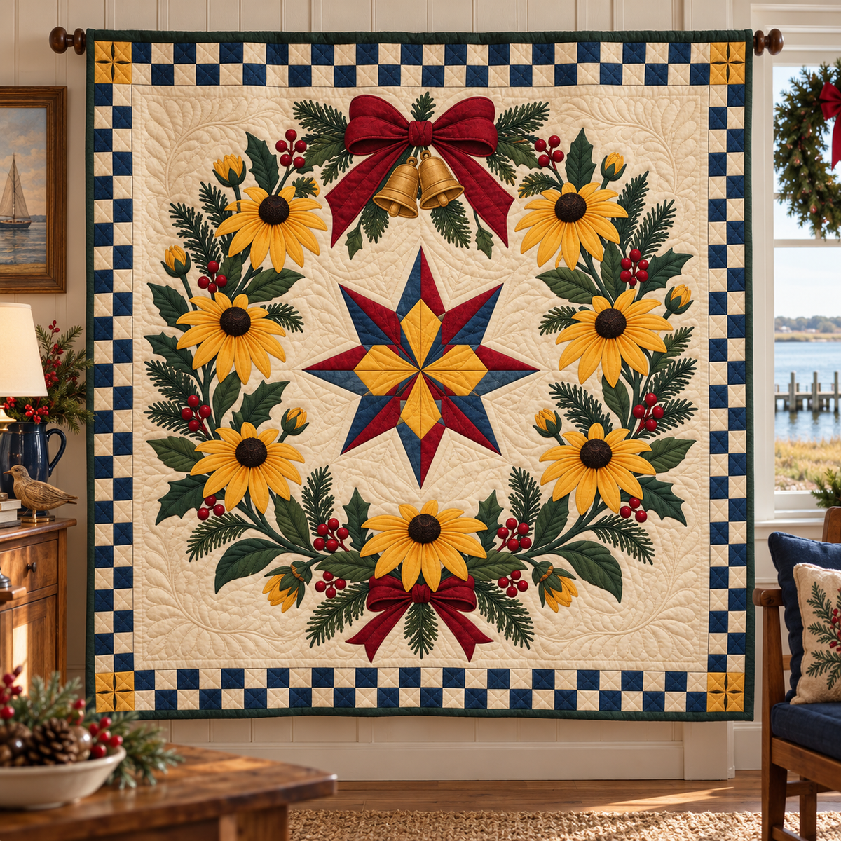 Black-eyed Susan Christmas Wreath TD271026097 Quilt Blanket — hanging mockup