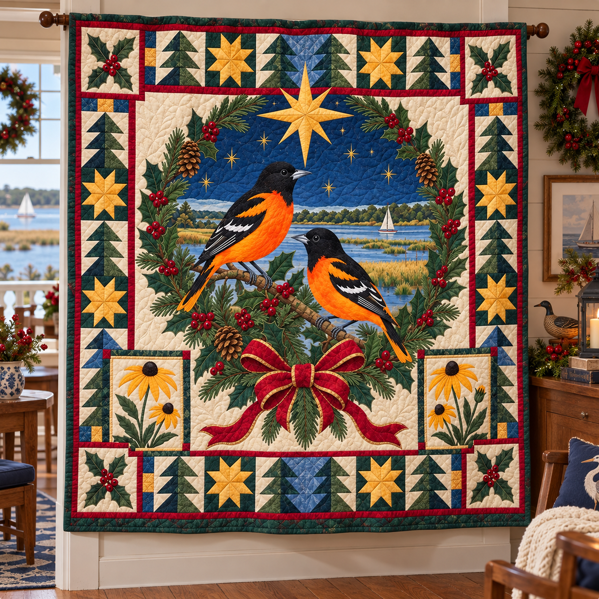 Oriole and Susan Christmas Star TD271026098 Quilt Blanket — hanging mockup