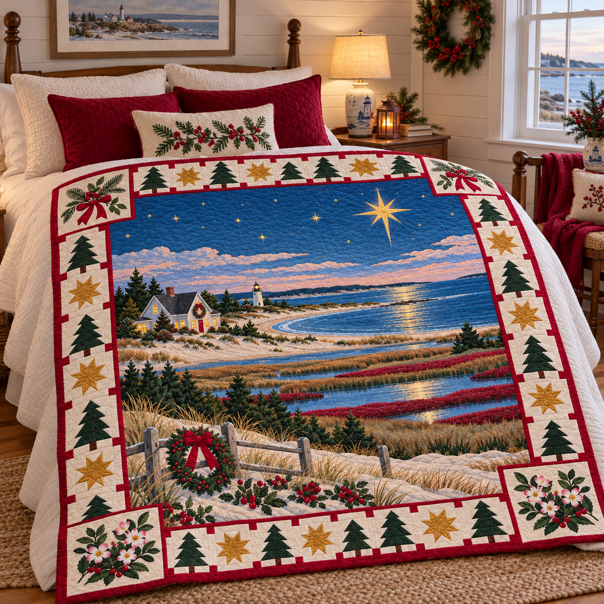 Mayflower Shoreline Christmas Eve TD271026101 Quilt Blanket — bed mockup