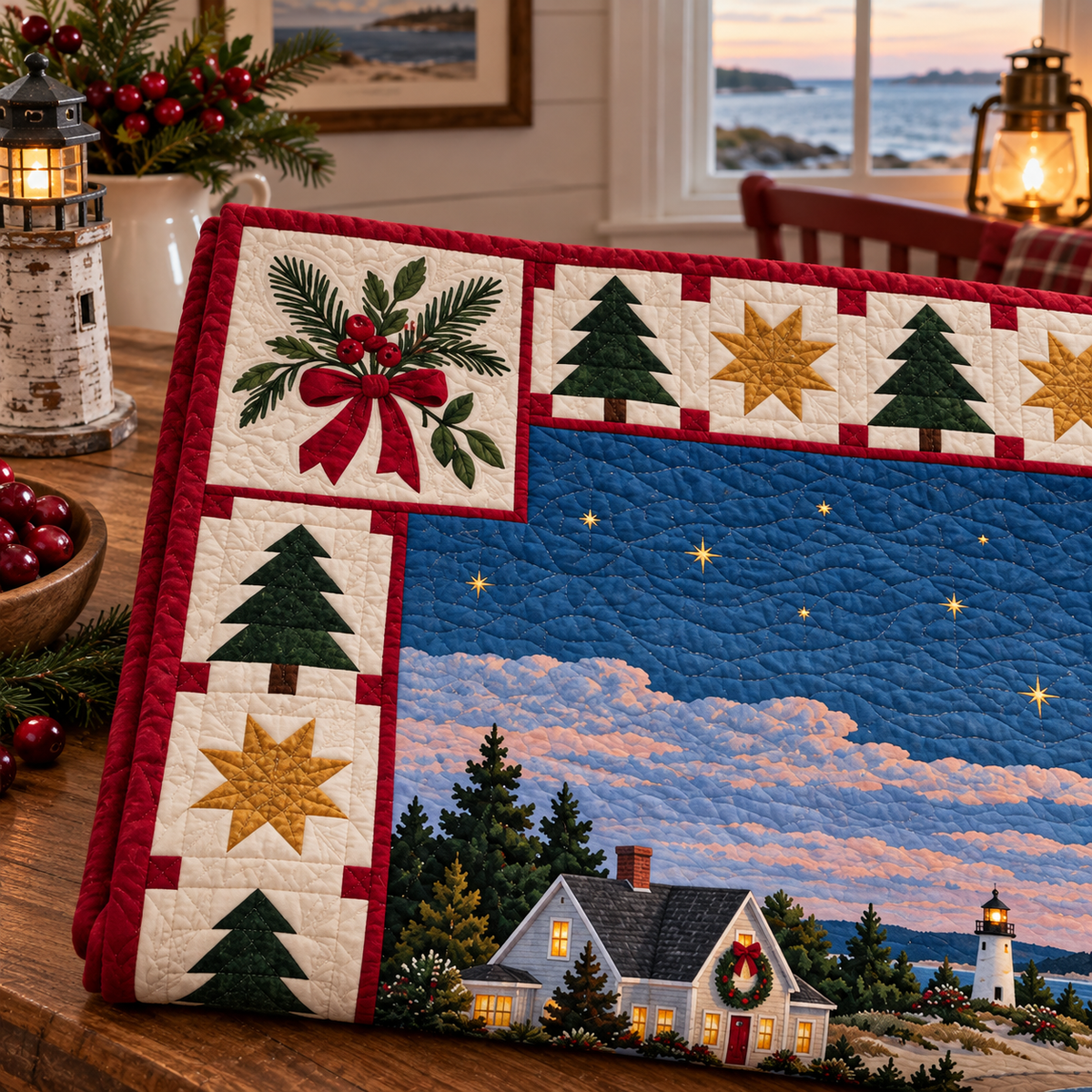 Mayflower Shoreline Christmas Eve TD271026101 Quilt Blanket — folded mockup