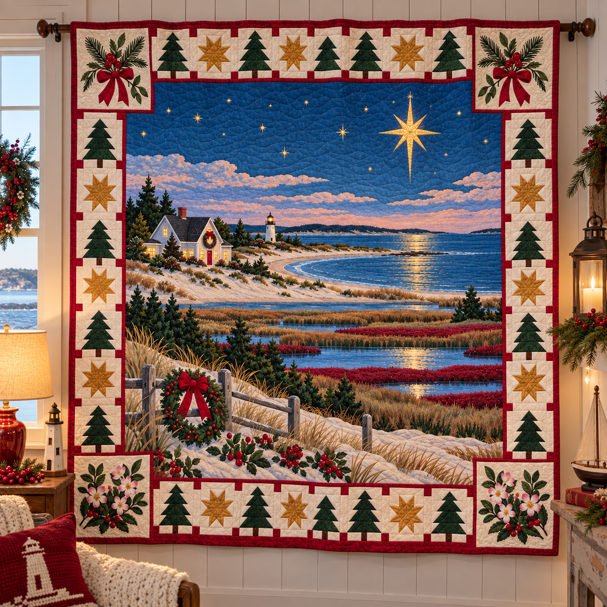 Mayflower Shoreline Christmas Eve TD271026101 Quilt Blanket — hanging mockup