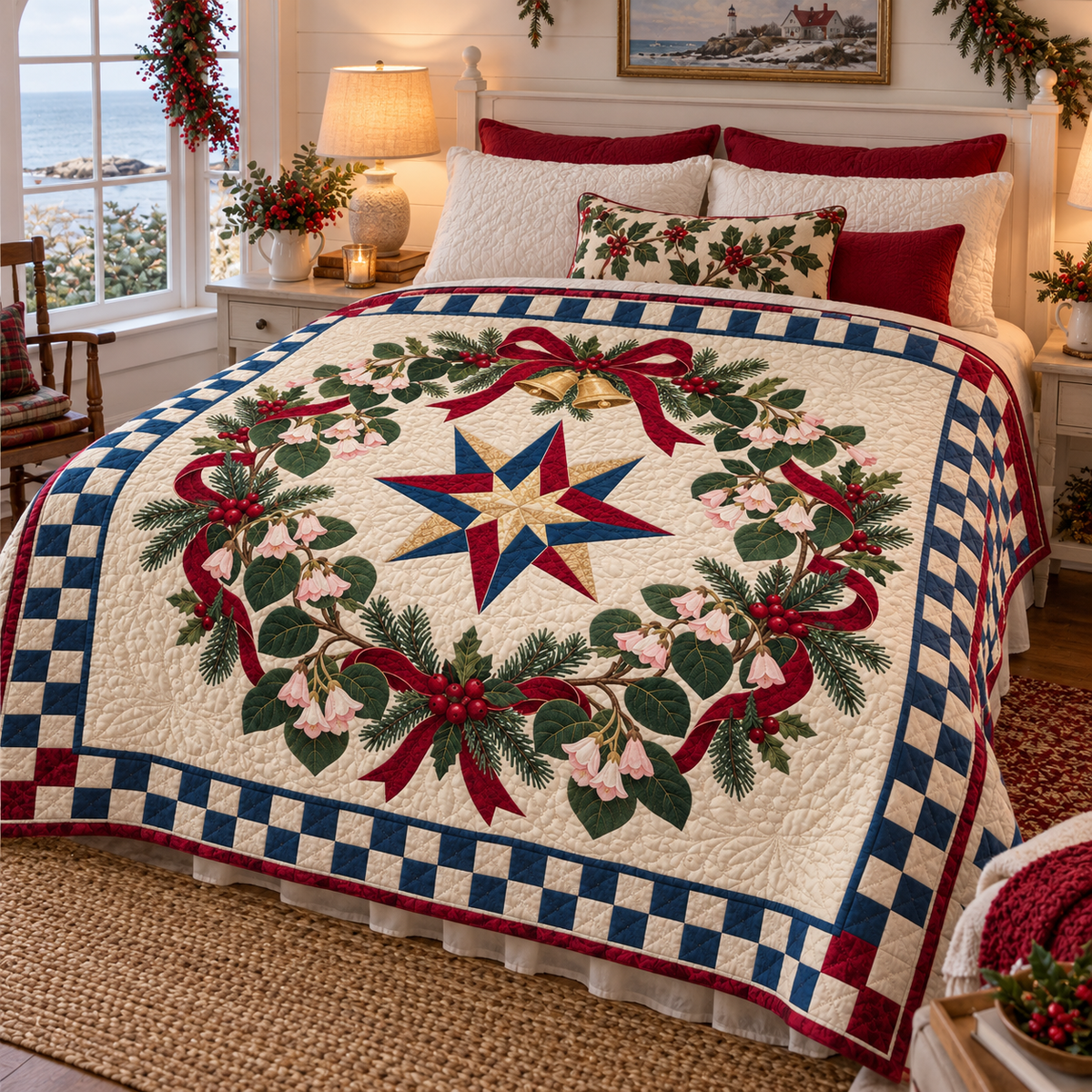 Mayflower Christmas Wreath TD271026102 Quilt Blanket — bed mockup