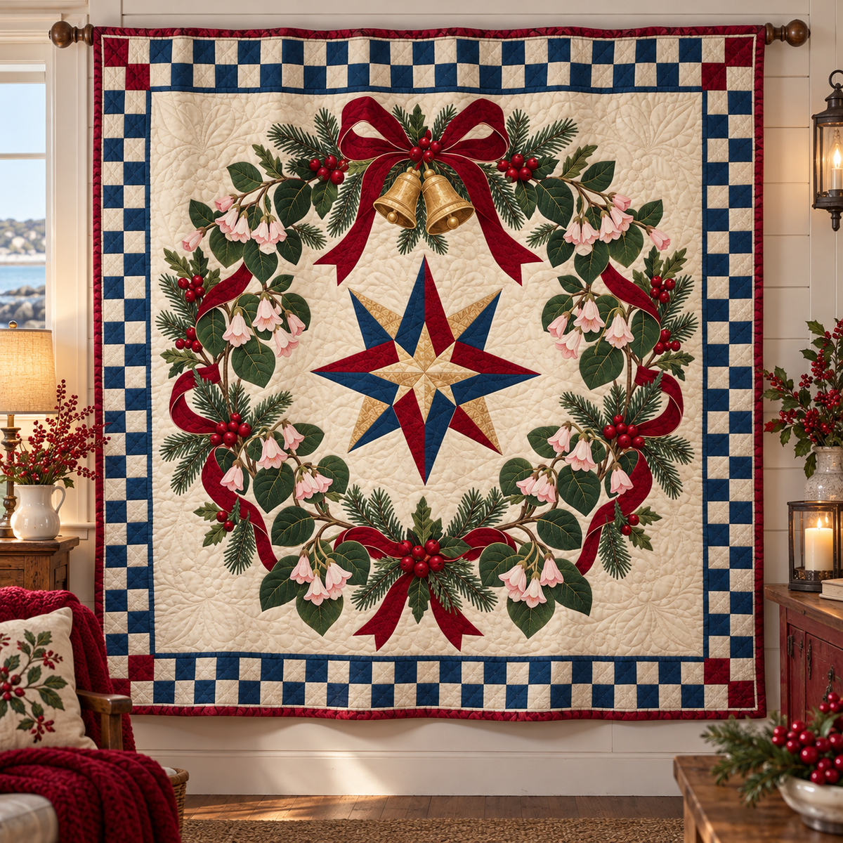 Mayflower Christmas Wreath TD271026102 Quilt Blanket — hanging mockup