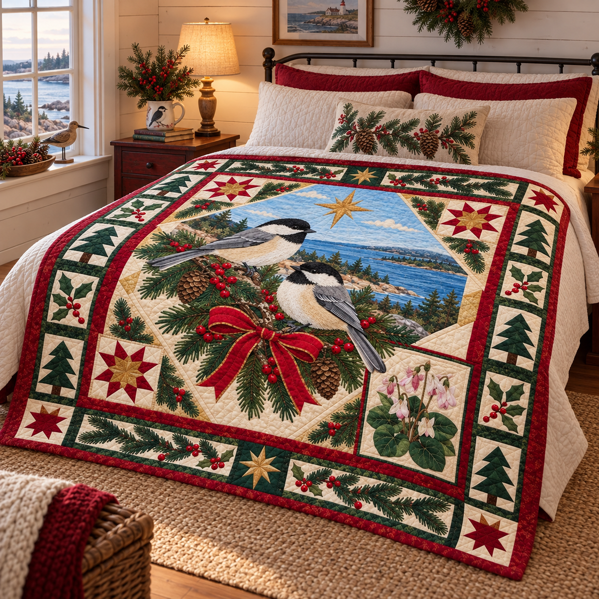 Chickadee in the Mayflower Woods Christmas Star TD271026103 Quilt Blanket — bed mockup