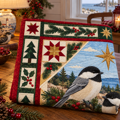 Chickadee in the Mayflower Woods Christmas Star TD271026103 Quilt Blanket — folded mockup