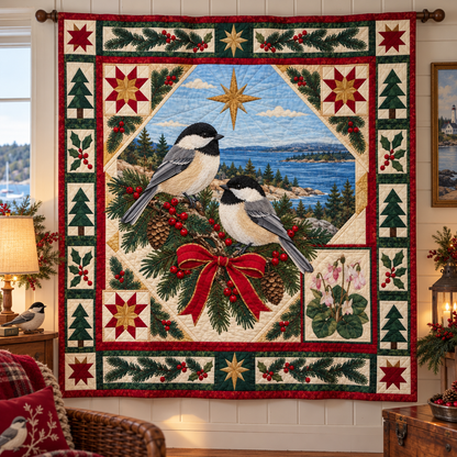 Chickadee in the Mayflower Woods Christmas Star TD271026103 Quilt Blanket — hanging mockup